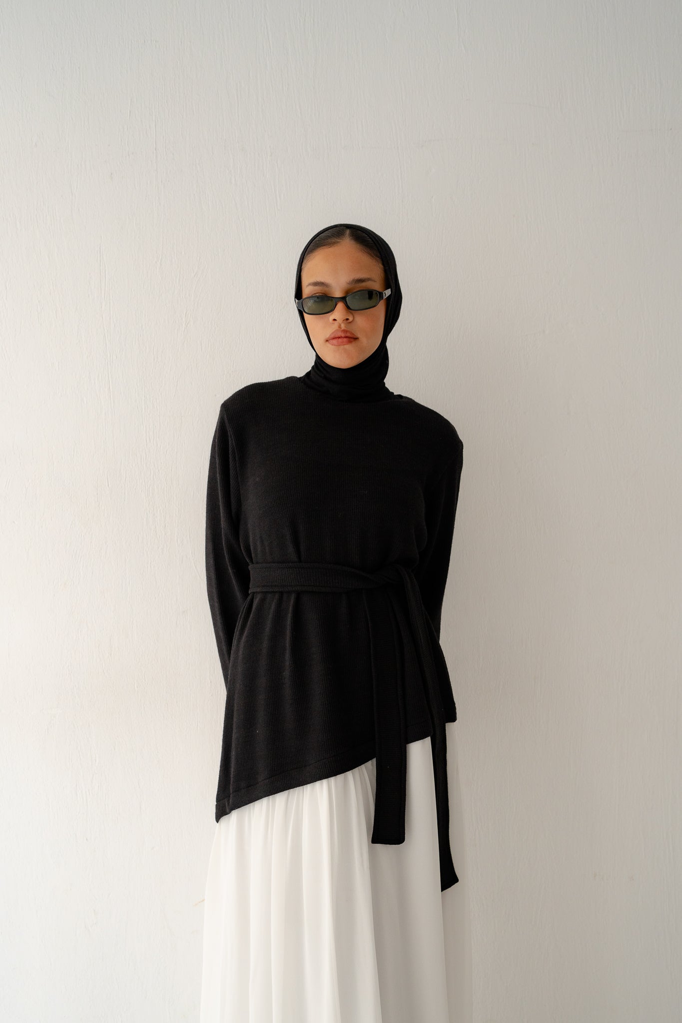 Asymmetrical knit x chiffon dress(black&white)