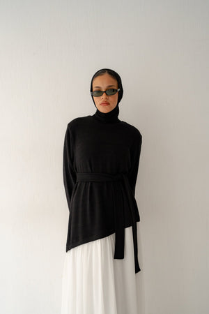 Asymmetrical knit x chiffon dress(black&white) - Lillyscarfofficial