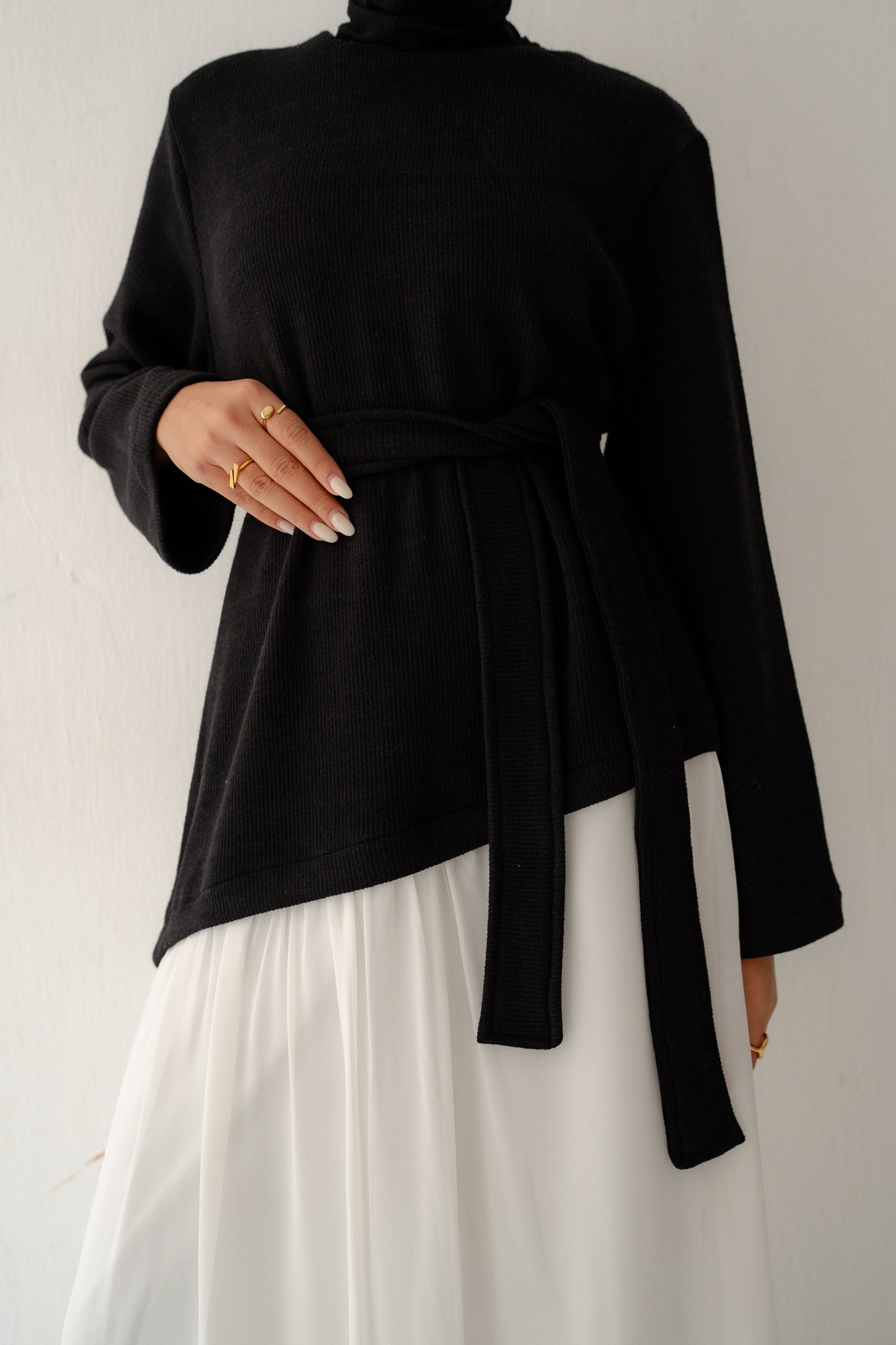 Asymmetrical knit x chiffon dress(black&white) - Lillyscarfofficial