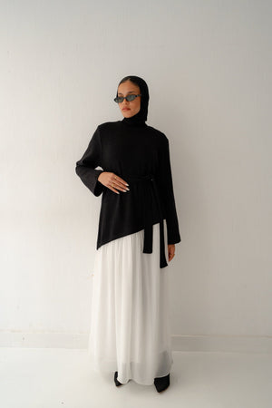 Asymmetrical knit x chiffon dress(black&white) - Lillyscarfofficial