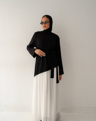 Asymmetrical knit x chiffon dress(black&white) - Lillyscarfofficial