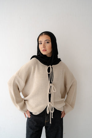 KNIT CARDIGAN WITH BOW IN BEIGE - Lillyscarfofficial