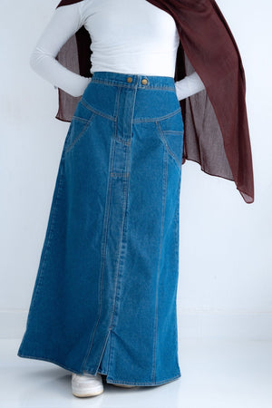 LONG DENIM SKIRT IN DARK BLUE - Lillyscarfofficial