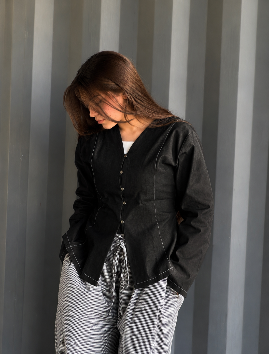 Pleated Denim Blouse