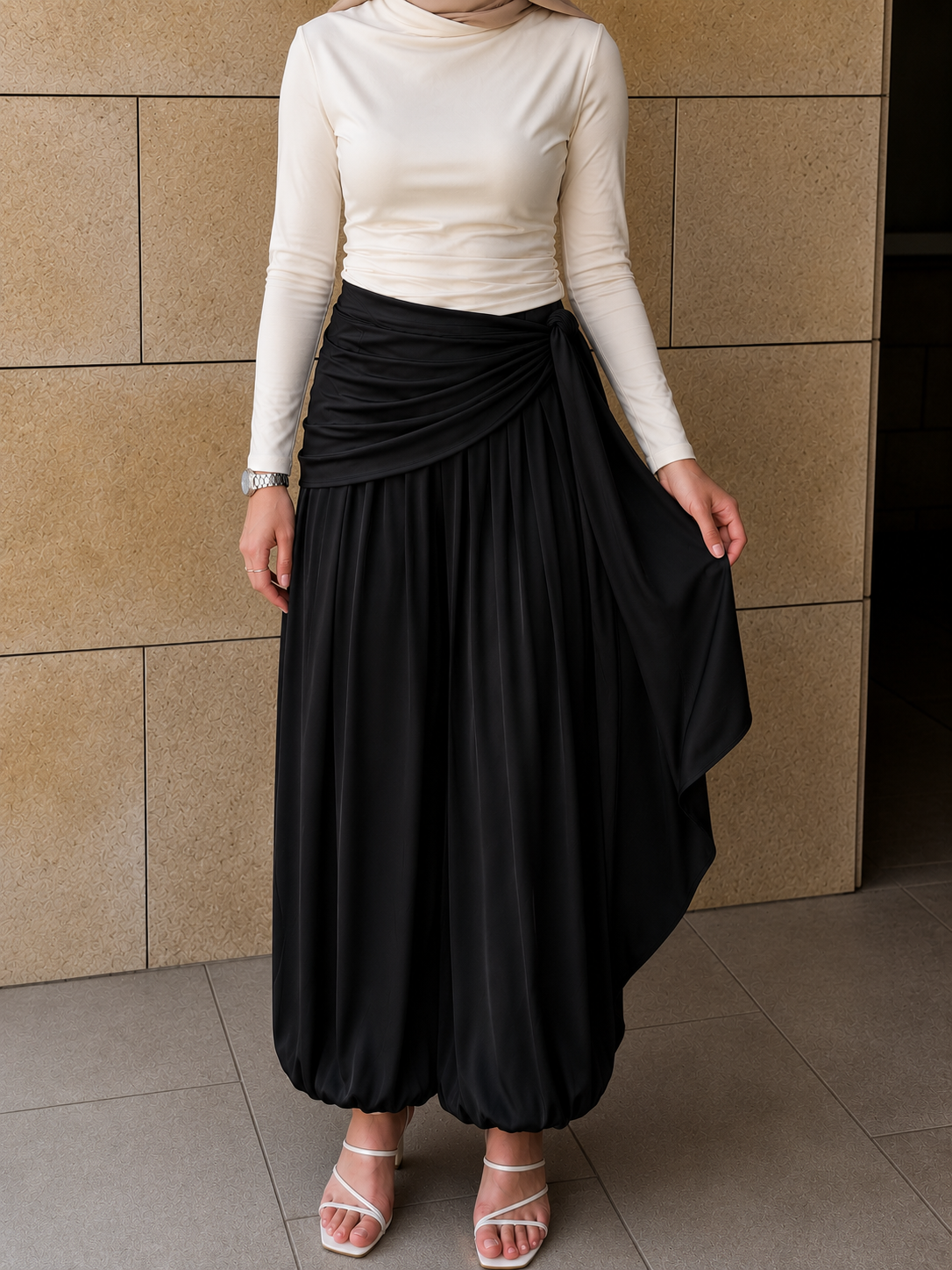 Tie-waist satin balloon pants