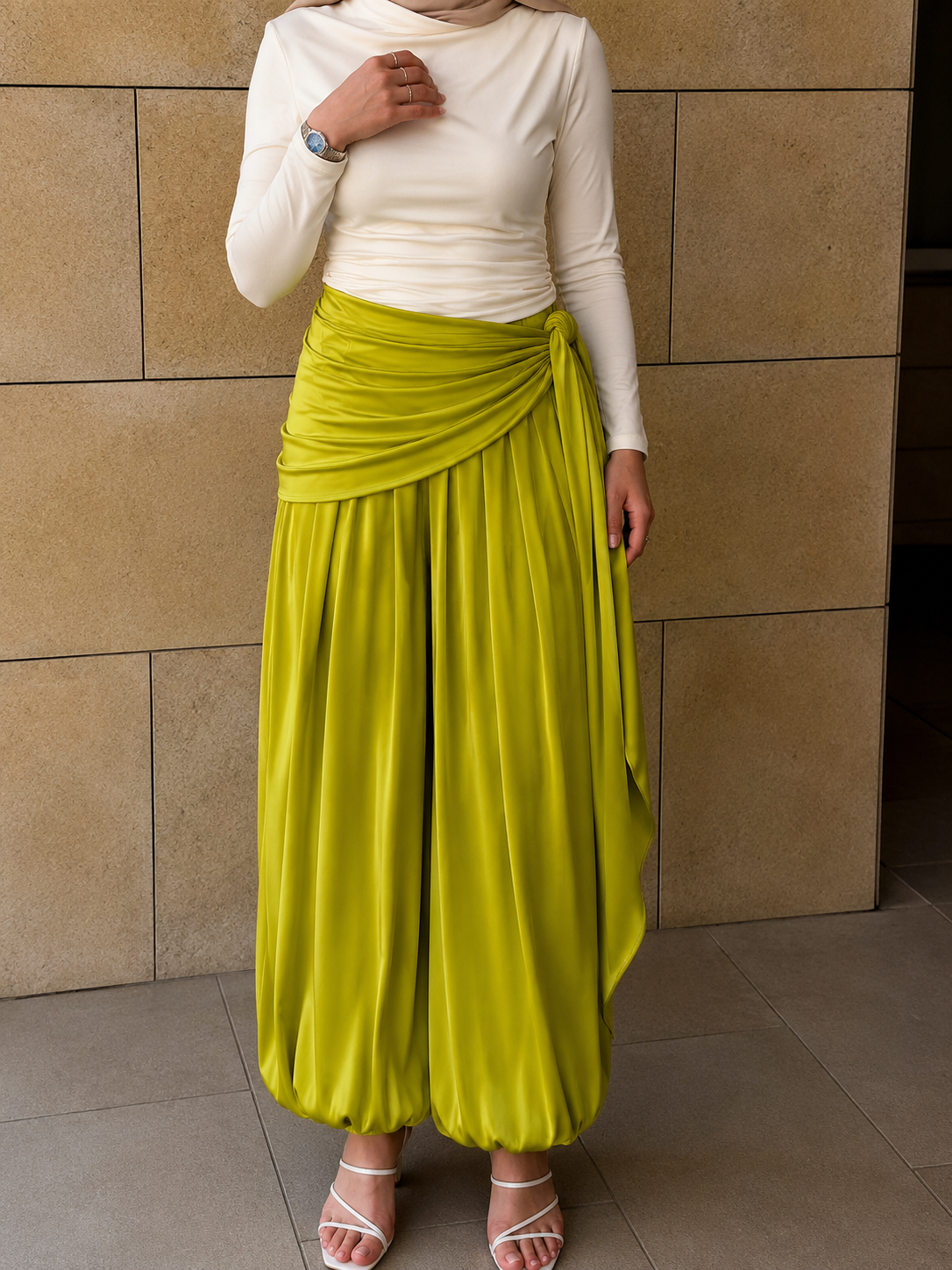 Tie-waist satin balloon pants