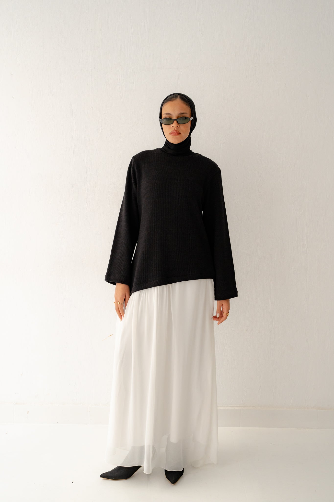 Asymmetrical knit x chiffon dress(black&white) - Lillyscarfofficial