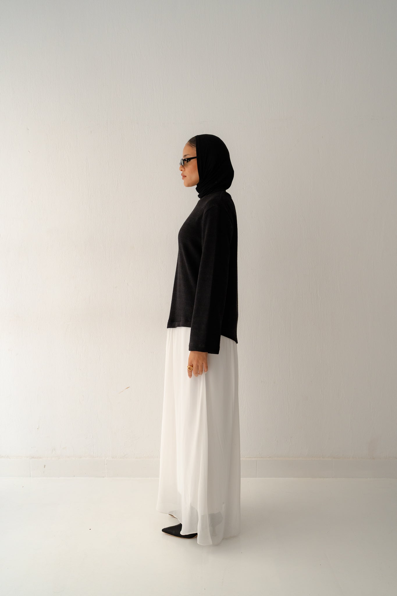 Asymmetrical knit x chiffon dress(black&white) - Lillyscarfofficial