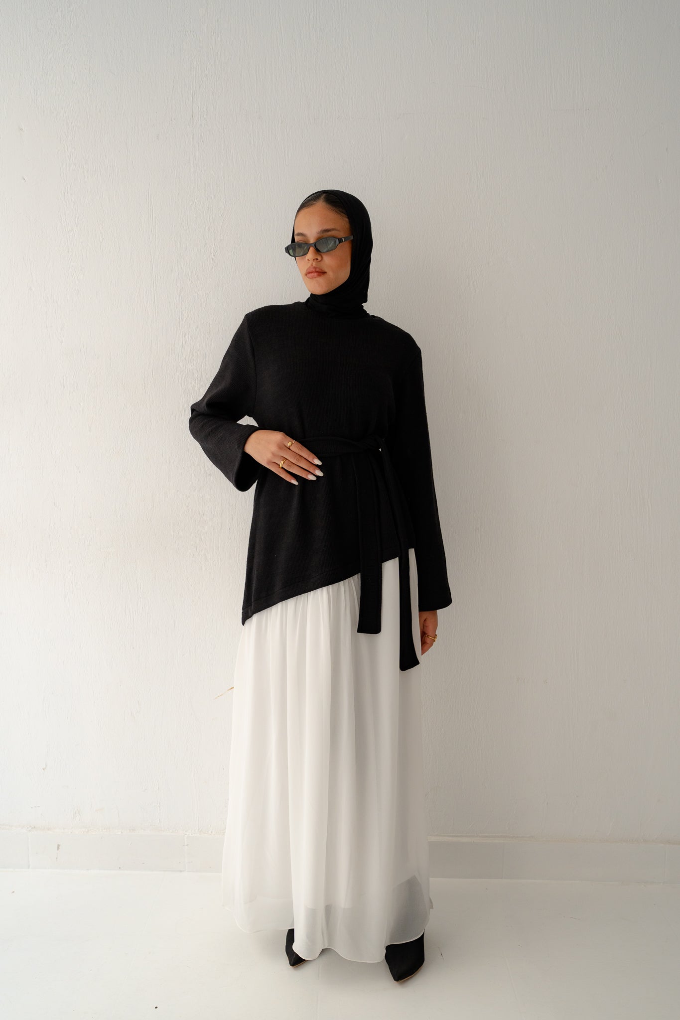 Asymmetrical knit x chiffon dress(black&white) - Lillyscarfofficial