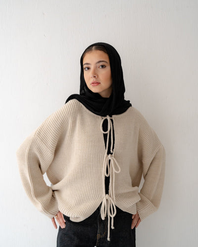 KNIT CARDIGAN WITH BOW IN BEIGE - Lillyscarfofficial