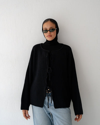 KNIT CARDIGAN WITH BOW IN BLACK - Lillyscarfofficial