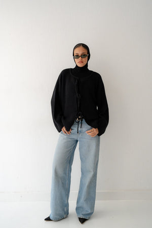 KNIT CARDIGAN WITH BOW IN BLACK - Lillyscarfofficial