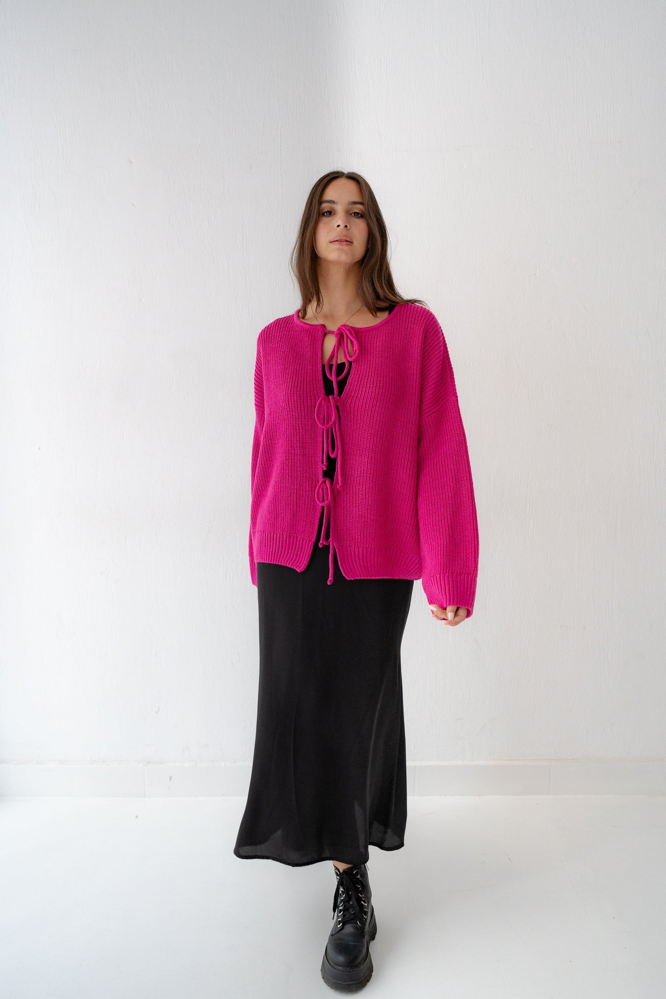 KNIT CARDIGAN WITH BOW IN FUCHSIA - Lillyscarfofficial