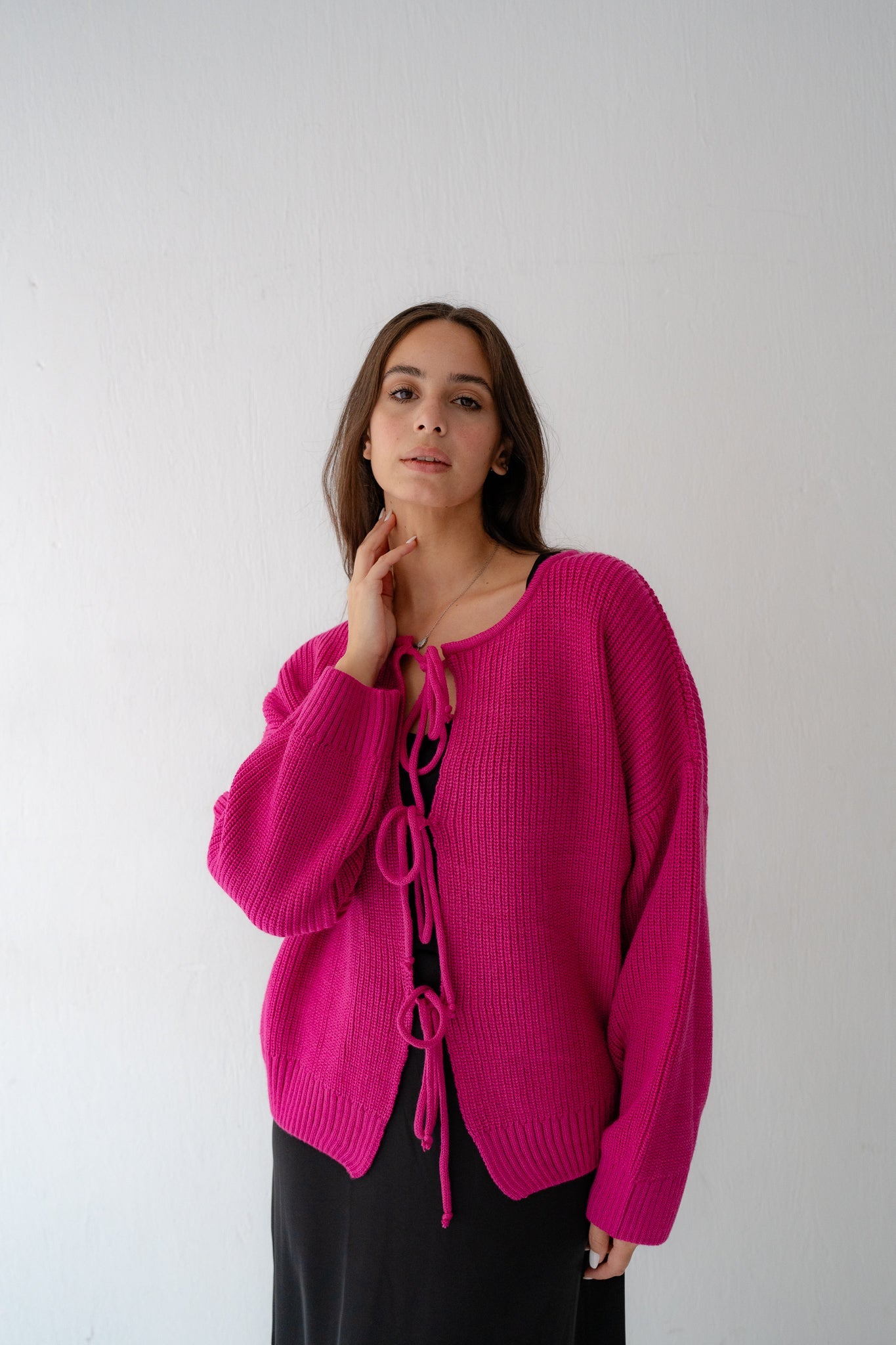 KNIT CARDIGAN WITH BOW IN FUCHSIA - Lillyscarfofficial