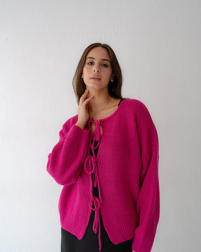 KNIT CARDIGAN WITH BOW IN FUCHSIA - Lillyscarfofficial