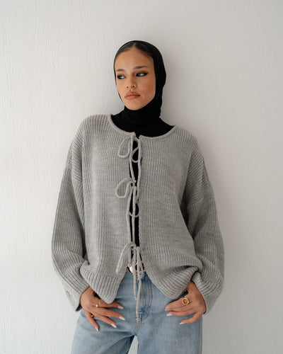 KNIT CARDIGAN WITH BOW IN GRAY - Lillyscarfofficial