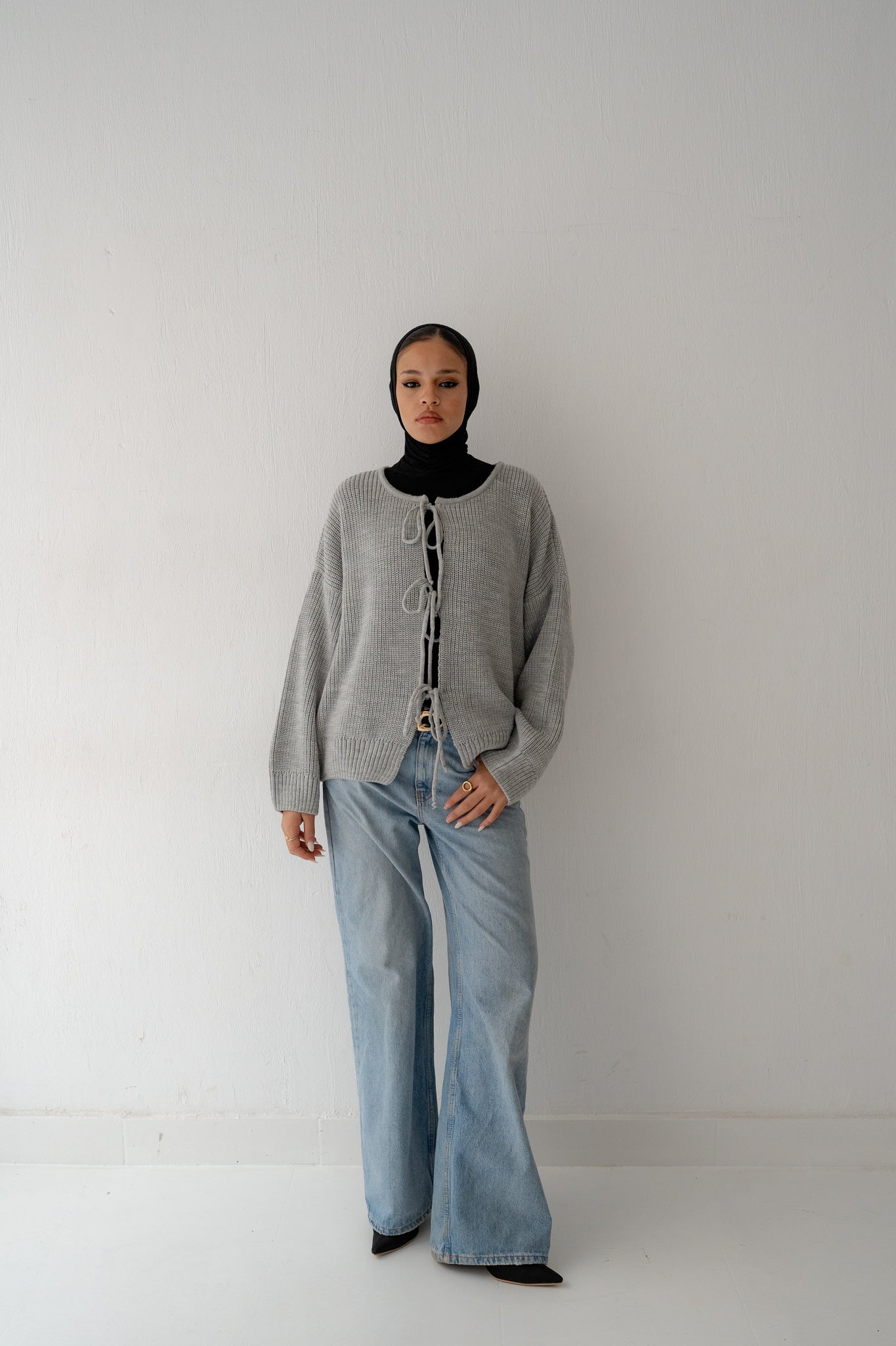 KNIT CARDIGAN WITH BOW IN GRAY - Lillyscarfofficial