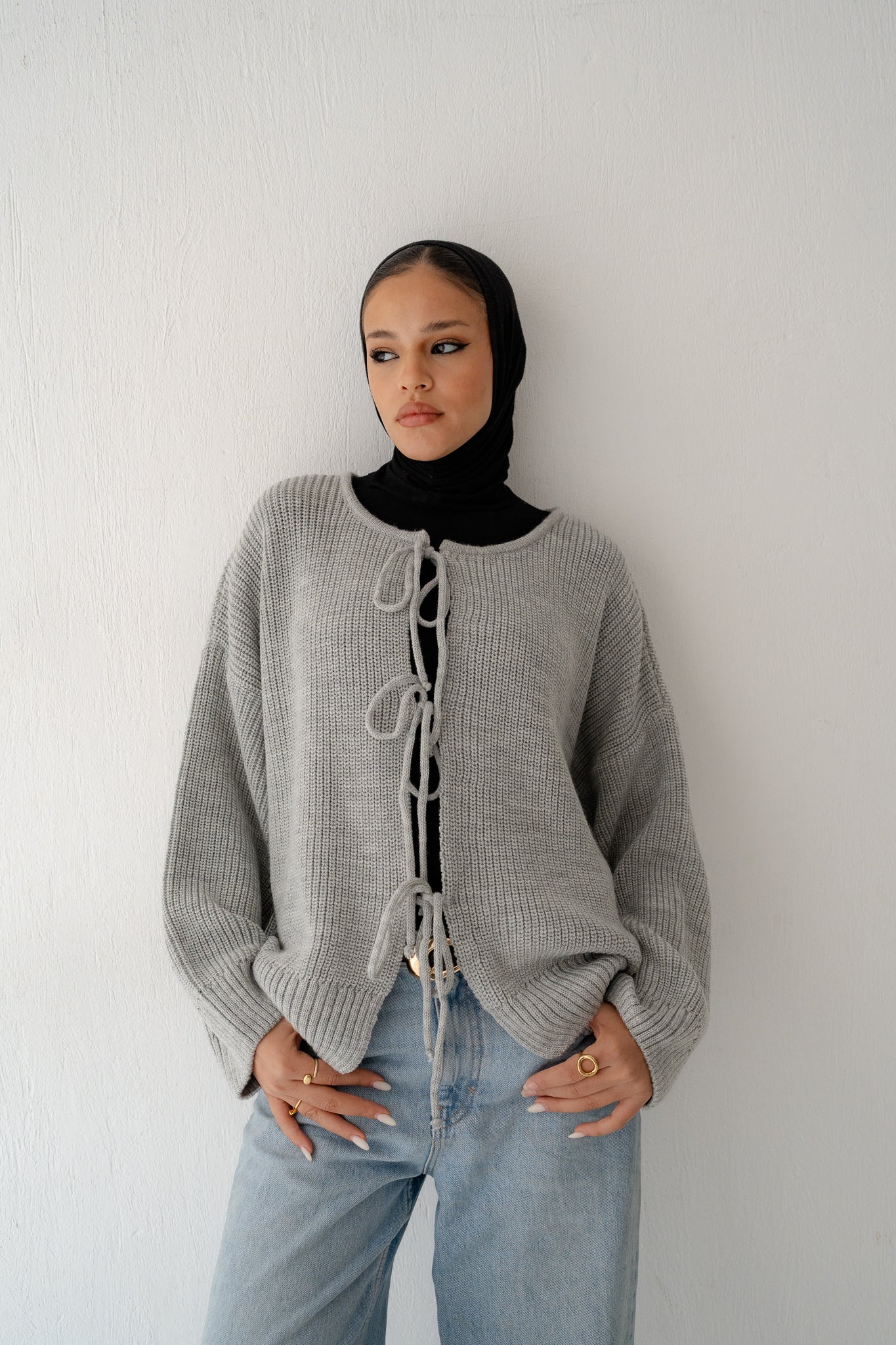 KNIT CARDIGAN WITH BOW IN GRAY