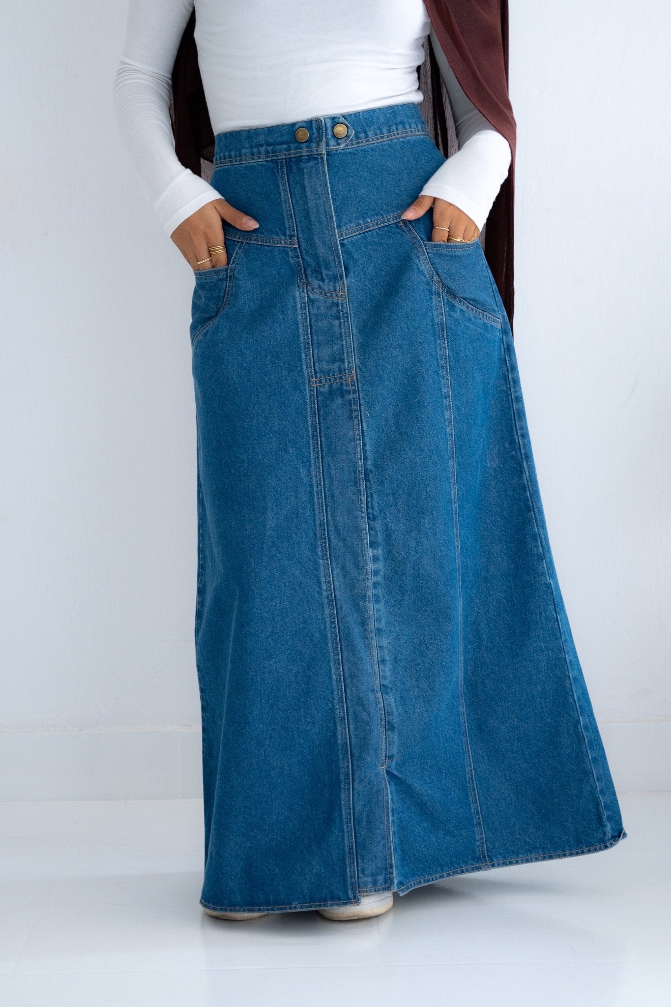 LONG DENIM SKIRT IN DARK BLUE - Lillyscarfofficial