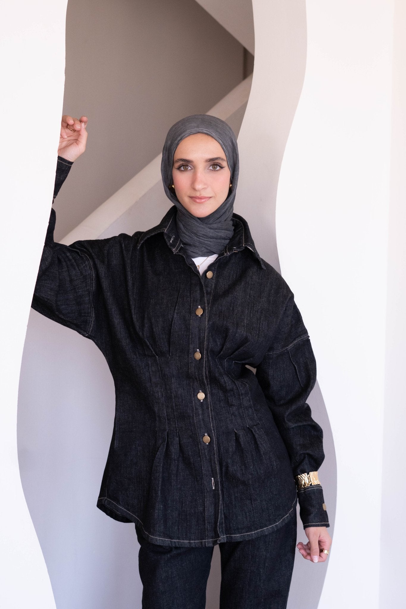 Washed charcoal black Denim Corset set - Lillyscarfofficial