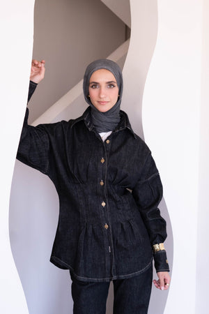 Washed charcoal black Denim Corset set - Lillyscarfofficial