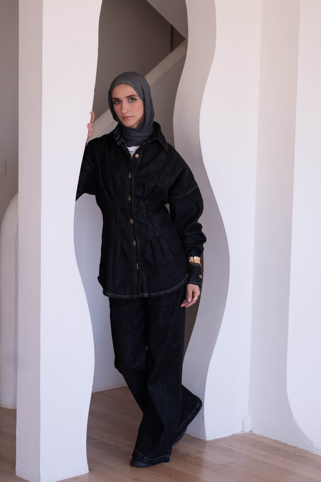 Washed charcoal black Denim Corset set - Lillyscarfofficial