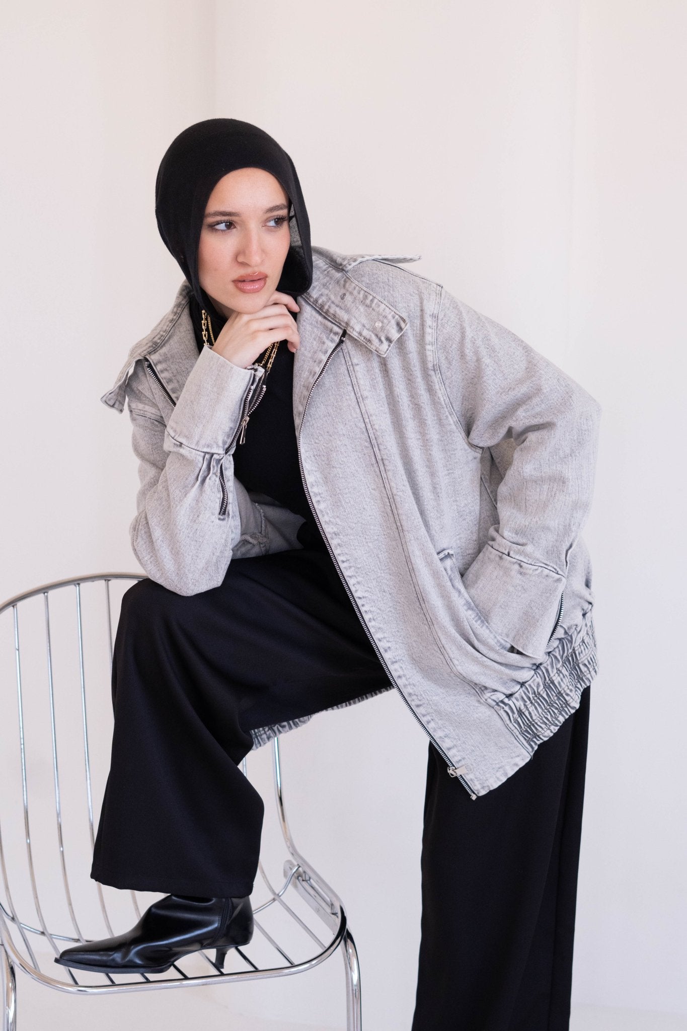 Washed Light Grey Denim Jacket - Lillyscarfofficial